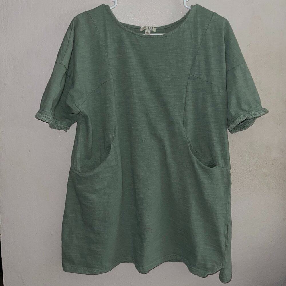 Umgee Green Cotton Tunic Top S Oversized Pocket Raw Hem Boho Casual